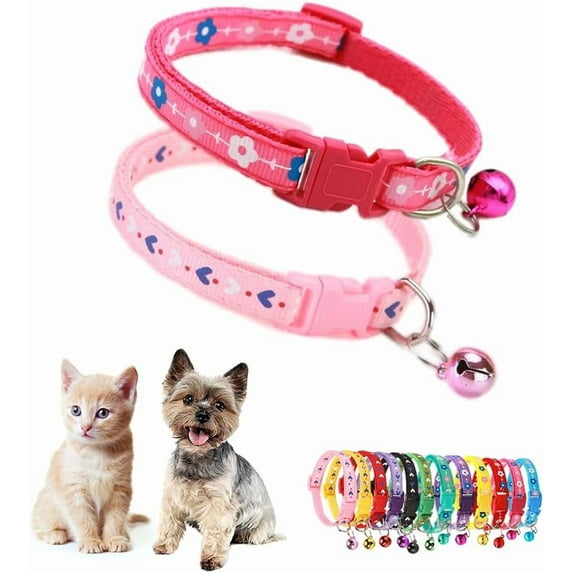 XXS Dog Collar with Bell,(1/2-Pack ) Flower Love Cat Collars with Bells Girl Cute Fancy Puppy Collars with Bells for XXS XS Tiny Little Kitten Pet Female Dogs,Neck 7-12 Inch