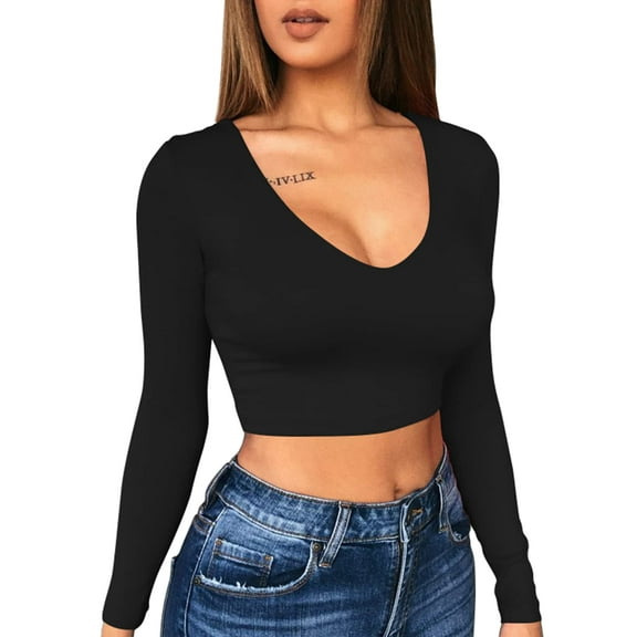 XXTAXN Women's Sexy Bodycon V Neck Long Sleeve Crop Top Black Size S