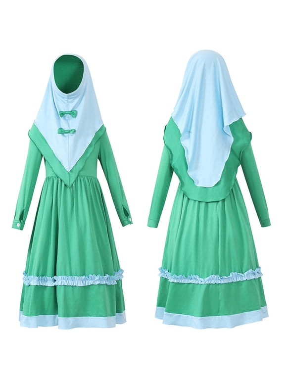2PCS Musli𝗆 Prayer Dress Girls Jilbab Burka Abaya Hijab Khimar Full Cover Lace Ramadan Islami𝖼 𝖣ubai Dress