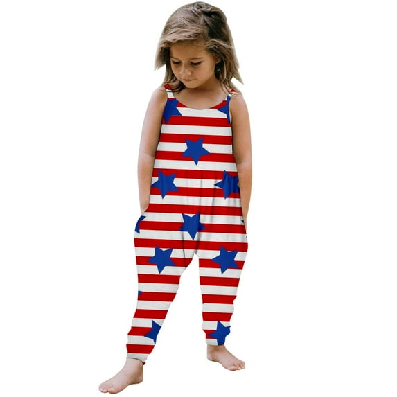 XXWXYD 4th of July Toddler Girls Patriotic Romper American Flag Sleeveless Jumpsuit One Piece Playsuit with Pockets Adjustable Comfortable Summer Holiday Outfit