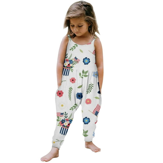 XXWXYD 4th of July Toddler Girls Patriotic Romper American Flag Sleeveless Jumpsuit One Piece Playsuit with Pockets Adjustable Comfortable Summer Holiday Outfit