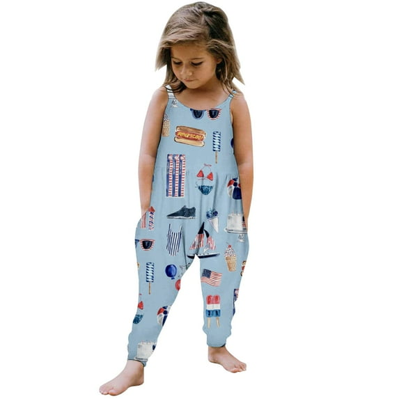XXWXYD 4th of July Toddler Girls Patriotic Romper American Flag Sleeveless Jumpsuit One Piece Playsuit with Pockets Adjustable Comfortable Summer Holiday Outfit