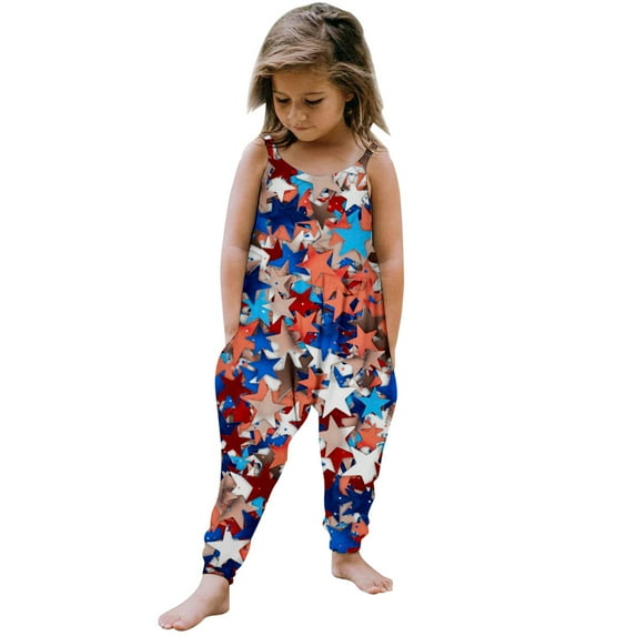 XXWXYD 4th of July Toddler Girls Patriotic Romper American Flag Sleeveless Jumpsuit One Piece Playsuit with Pockets Adjustable Comfortable Summer Holiday Outfit