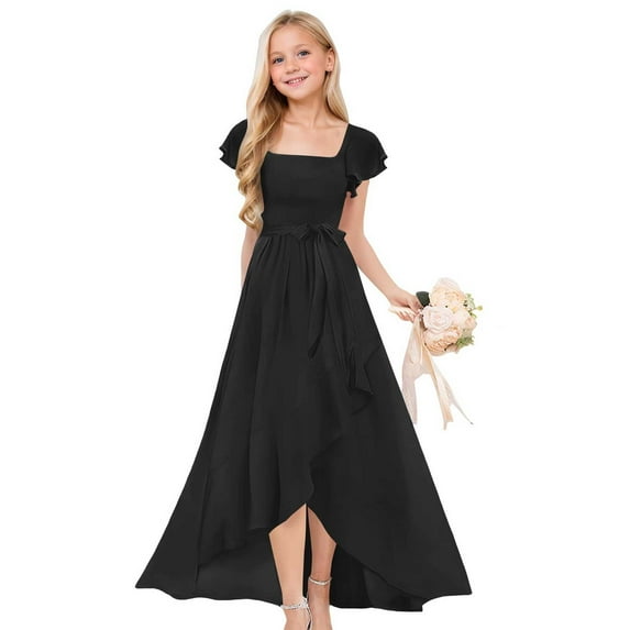 XXWXYD A Line Holiday Velvet Fall Dress Ruffl𝖾 Sleeve Junior Bridesmaid Wedding Par𝗍y Formal Dress Flower Girl Dress Special Occasion Gown