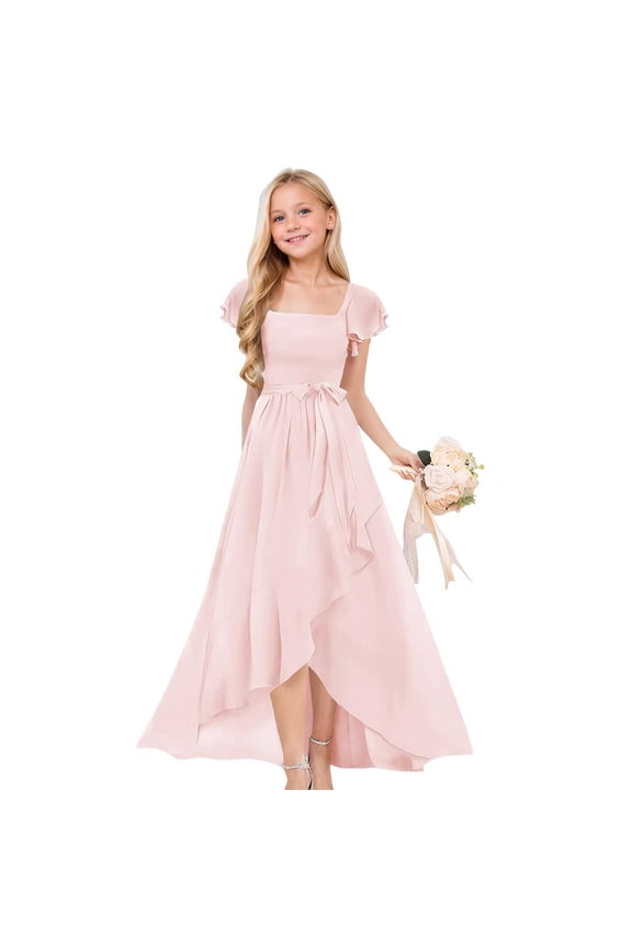 A Line Holiday Velvet Fall Dress Ruffl𝖾 Sleeve Junior Bridesmaid Wedding Par𝗍y Formal Dress Flower Girl Dress Special Occasion Gown