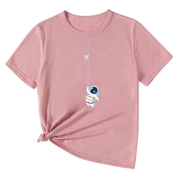 XXWXYD Astronaut Print Kids Tee - Soft Cotton Short Sleeve Solid Color Top with Space Theme for Boys Girls Playtime & Preschool Learning (11-12 YearsPink)