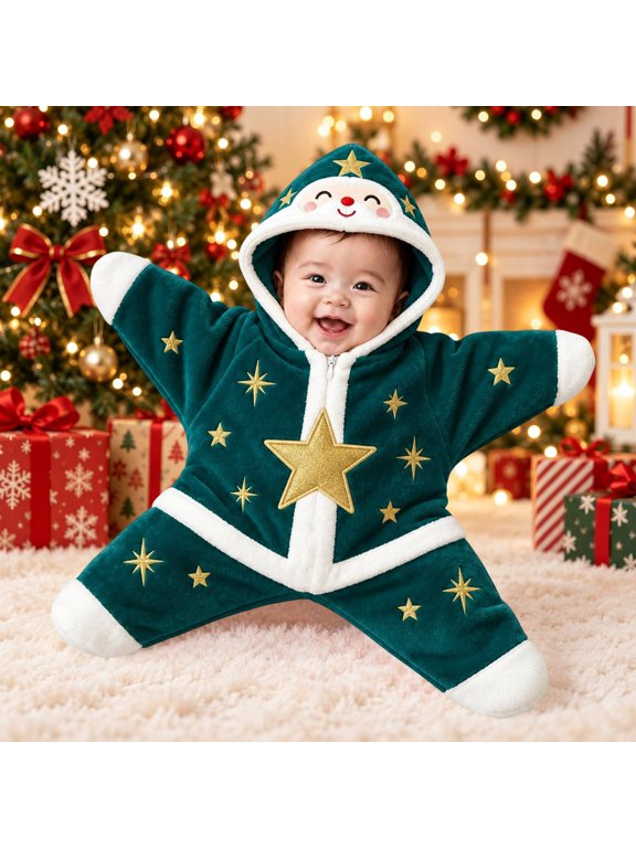 Baby Boys Girls Star-Shaped Hooded Jumpsuit, Plush Christmas Elf Fleece Zip Romper, Festive Holiday Star Outfit for Infant Newborn Photos for Photos