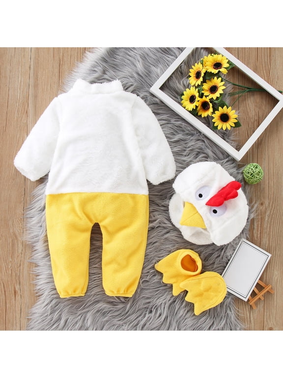 Baby Chick Crawling Suit Set, Plush Long-Sleeve Romper with Hood and Foot Booties, Three-Piece Chicken Outfit for Infant Easter Photos, Easy On and Off