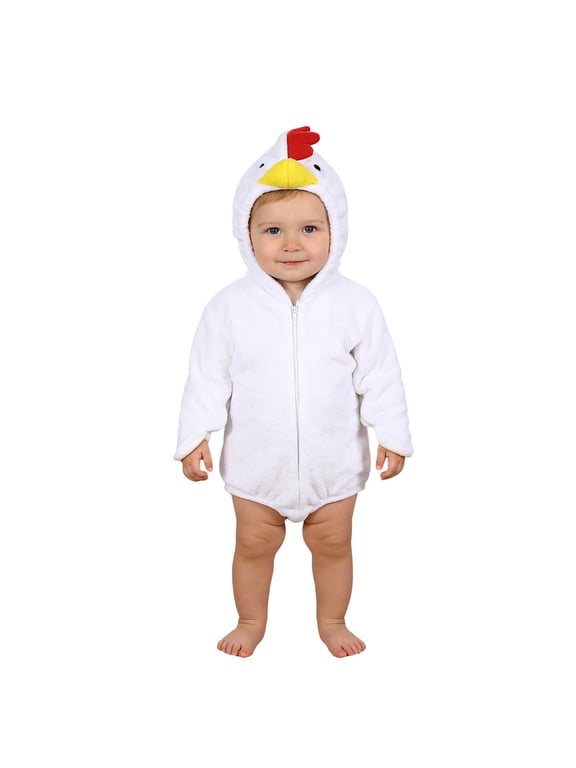 Baby Chick Hooded Romper, Fleece Front-Zip Chicken Bodysuit with Comb Hood for Infant Easter Halloween Dress-Up, Soft Breathable Comfort Jumpsuit