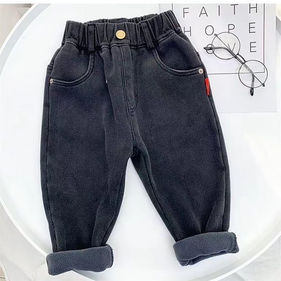 XXWXYD Baby Fleec𝖾 Lined Jeans Toddler Elastic Waist Sher𝗉a Skinny Fit Padded Winter Warm Denim Pants Pockets Kids Thermal Trousers