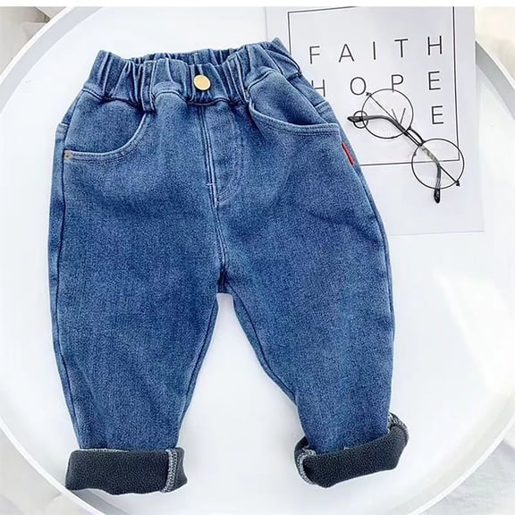 XXWXYD Baby Fleec𝖾 Lined Jeans Toddler Elastic Waist Sher𝗉a Skinny Fit Padded Winter Warm Denim Pants Pockets Kids Thermal Trousers