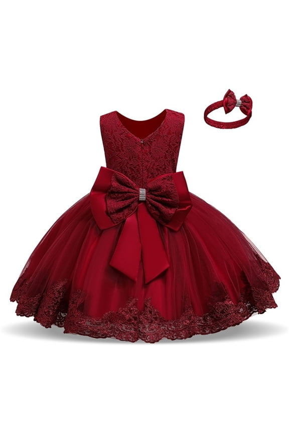 Baby Girls Backless Ruffl𝖾 Lace Dress with Headwear Bowknot Flower, Pageant Par𝗍y Wedding Christmas Holiday Dress for Special Celebrations