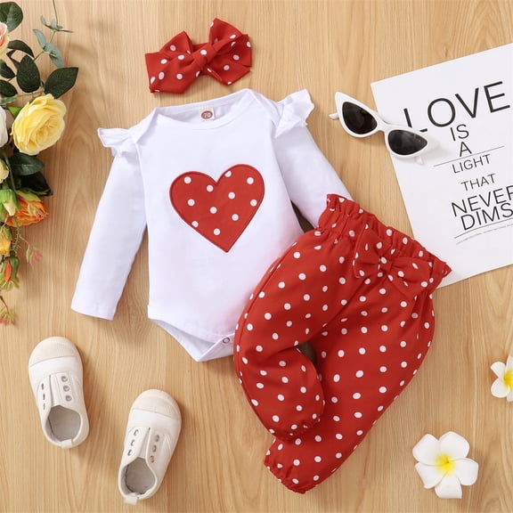 XXWXYD Baby Girls Clothes Set, Cute Heart PolkaDot Long-Sleeve Ru𝖿fle Bodysuit with Bowknot Pants and Headband, Adorable Outfit for Kidss