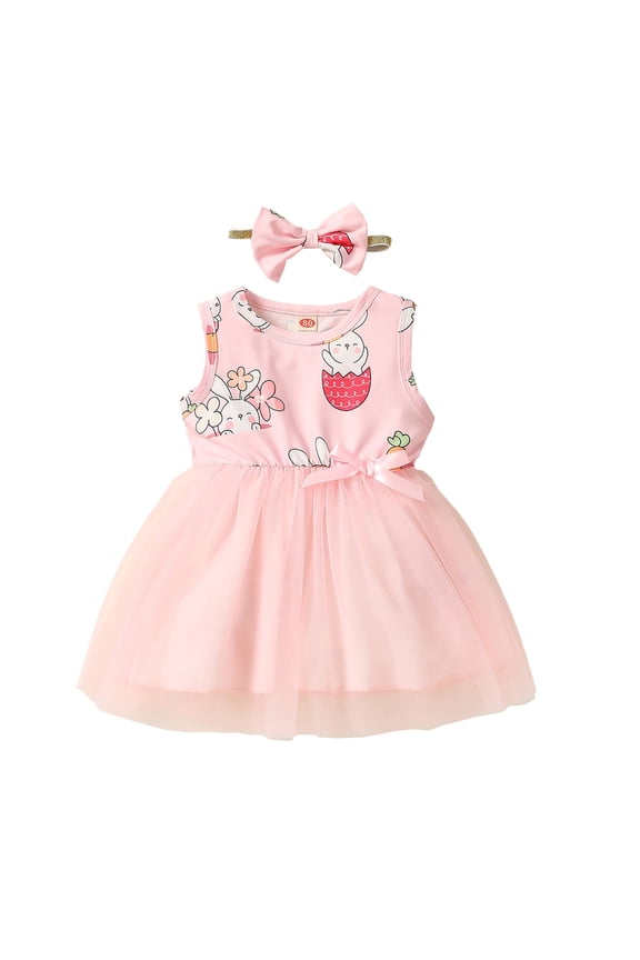 Baby Girls Easter Sleeveless Skirt Bunny Egg Prints Cartoon Patchwork Tulle Dress Headband Spring Holiday Outfit Party Clothing Apparel Jumper