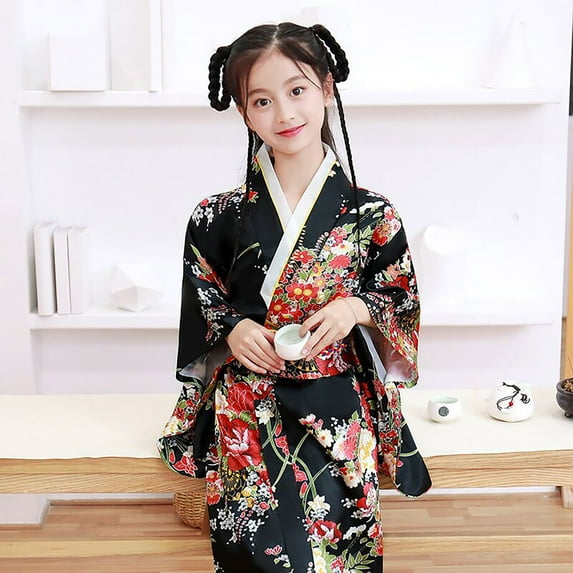XXWXYD Baby Girls Kimonš Robe Japanese Styled Traditional Dress, Long Sleeve Fall Outfit for Toddler Kids, Asian Style Cotton Robe Dress with Obi Belt for Autumn Photoshoot
