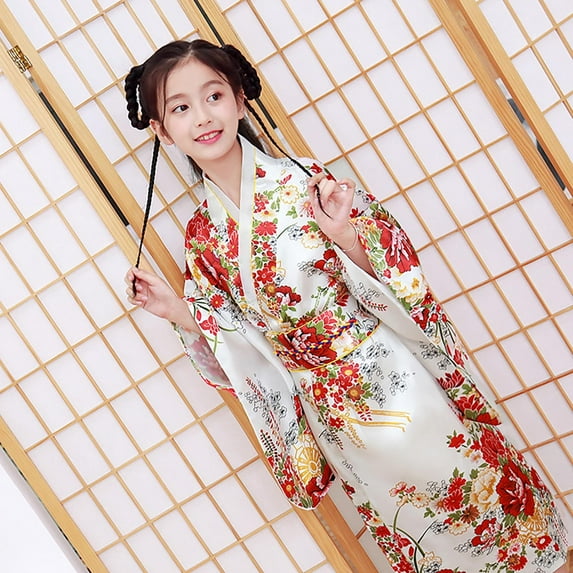XXWXYD Baby Girls Kimonš Robe Japanese Styled Traditional Dress, Long Sleeve Fall Outfit for Toddler Kids, Asian Style Cotton Robe Dress with Obi Belt for Autumn Photoshoot