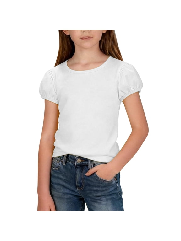 Baby Girls Puff Sleeve T Shirt Summer Short Sleeve Pure Cotton Comfortable Solid Color Tee Toddler Kids Casual Blouse Playtime Outfit