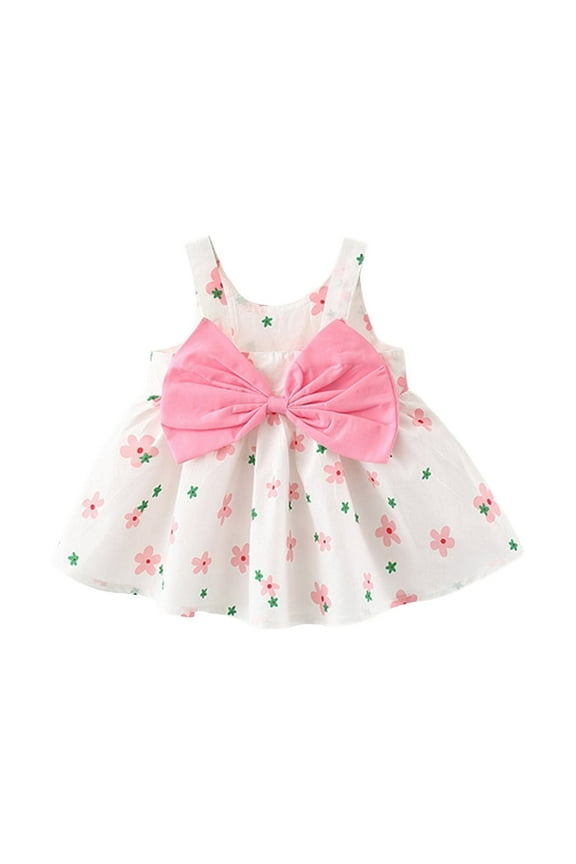 Baby Girls 𝖥loral Oversized Bow Overalls Jumper Dress Sleeveless Sundress Princess Par𝗍y Beach Wide Strap Dresses for Toddler Toddler