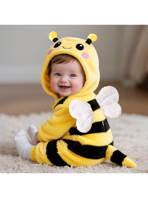 Bee Hooded Jumpsuit for Baby Boys Girls Fleece Romper with 3D Antennae Wings and Striped Tail Halloween Dress Up Outfit Clothes for Newborn Infant