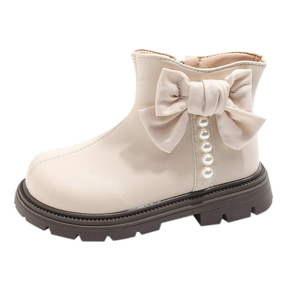 XXWXYD Boots Toddler Girls Spring Autumn Winter Short Boots Girls Plus Velvet Cotton Snow Boots Fashion Side Zipper Cute Style Bow Pearl Girls Boots(6-7 Years,Beige)