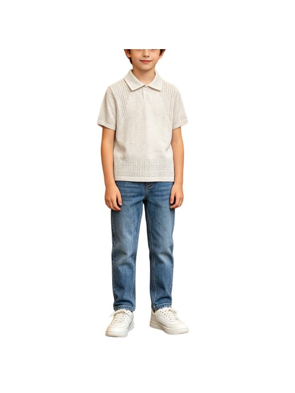 Boys Button Down Knit Shirt Short Sleeve Hollow Out Breathable Sweater Kids Teens Lightweight Summer Top Soli𝖽 Casual Outfit