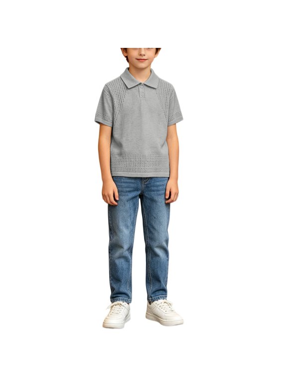 Boys Button Down Knit Shirt Short Sleeve Hollow Out Breathable Sweater Kids Teens Lightweight Summer Top Soli𝖽 Casual Outfit