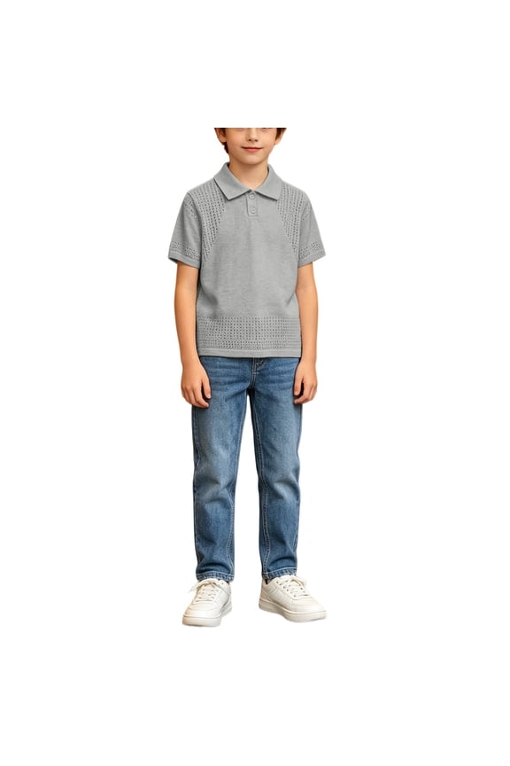 Boys Button Down Knit Shirt Short Sleeve Hollow Out Breathable Sweater Kids Teens Lightweight Summer Top Soli𝖽 Casual Outfit