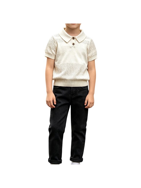 Boys Button Down Knit Shirt Short Sleeve Hollow Out Breathable Sweater Kids Teens Lightweight Summer Top Soli𝖽 Casual Outfit Toddler Girls Ribbed Knit Button up Collared Neck T Shirts