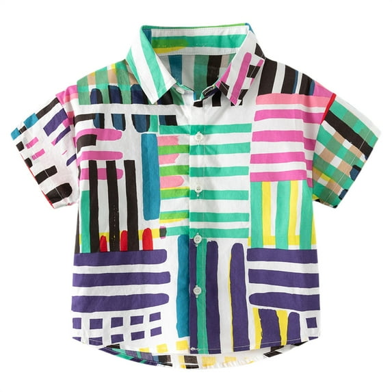 XXWXYD Boys Casual Lapel Cardigan Shirt Thin Fabric Beach Party Shirt Quick-Dry Summer Outing Top with Retro Print Children's Casual Beach Short Sleeved Shirt (18-30 Months,Purple)