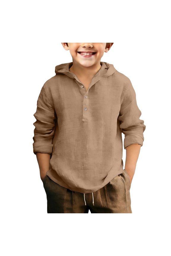 Boys Cotton Linen Shirt Button Up Long Sleeve Hooded Shacket Lightweight Breathable Boho Blouse Teens Casual Layering Tops