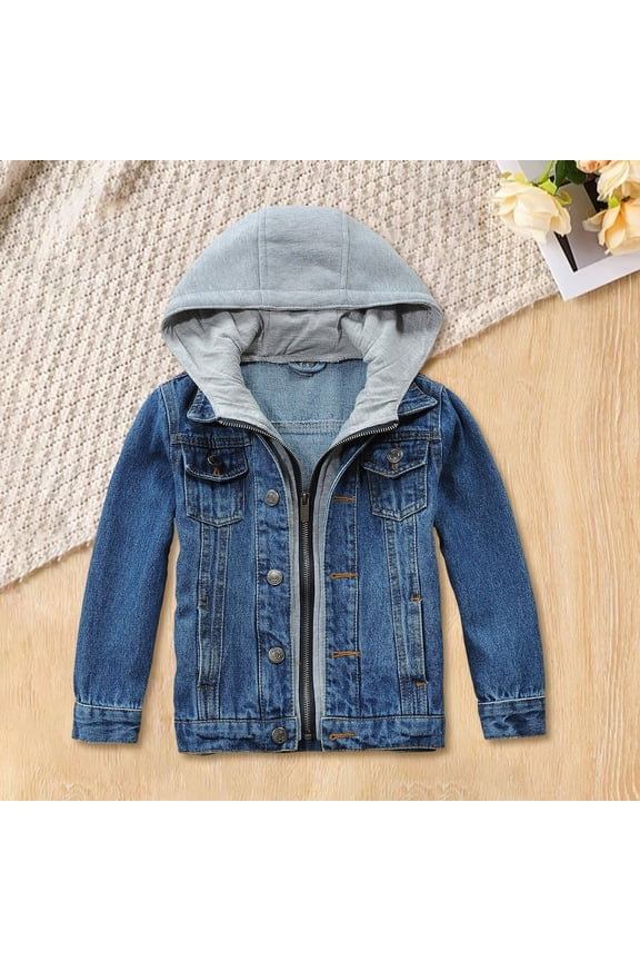 Boys Girls Denim Jacket Long Sleeve Button Down Cowboy Overcoat with Hoodie Casual Winter Outerwear for Fall & Cold Weather