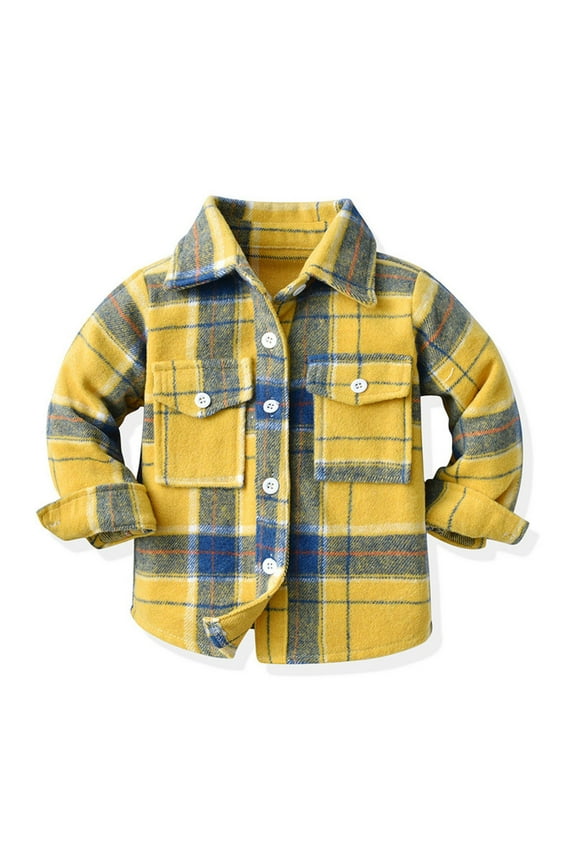 Boys Girls Flannel Plaid Shirt Jacket Long Sleeve Lapel Button Down Pocketed Regular Fit Casual Coat Fall Spring Winter Warm Comfortable Outdoor Outerwear Windproof