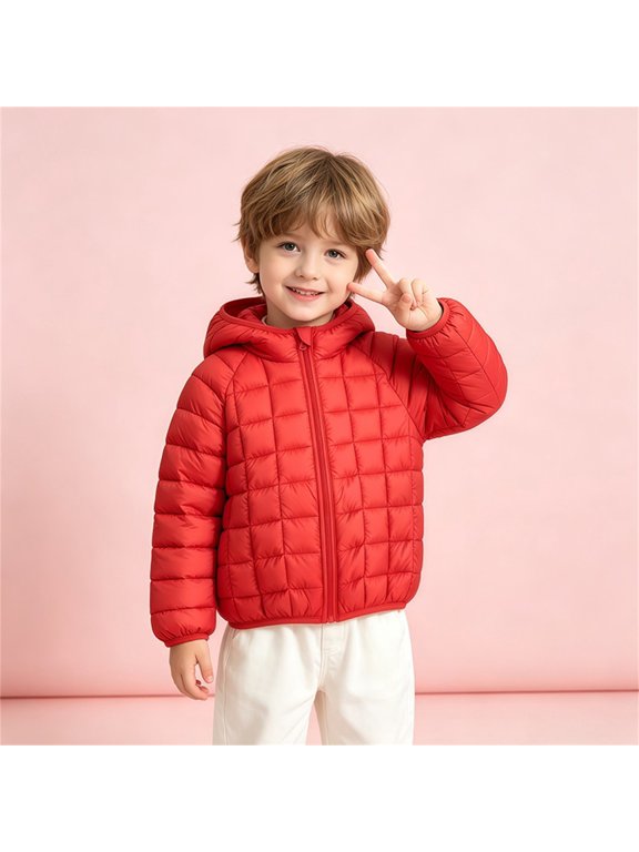 Boys Girls Hooded Lightweight Puffer Jacket Zip Up Closure Grid Quilted Construction Down Alternative Padded Coat Casual Winter Outerwear For Kids