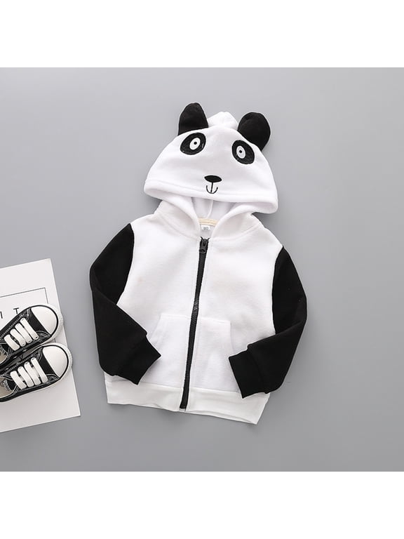 Boys Girls Panda Hooded Jacket Animal Ear Hood Full Zip Long Sleeve Kids Outerwear Color-Block Design Kangaro Pocket Soft Plush Fabric Coat