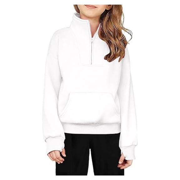 XXWXYD Boys Girls Solid Color Half Zip Sweatshirt Thumbhole Sweatshirt for Casual Soft Comfortable Clothing(13-14 Years,White)