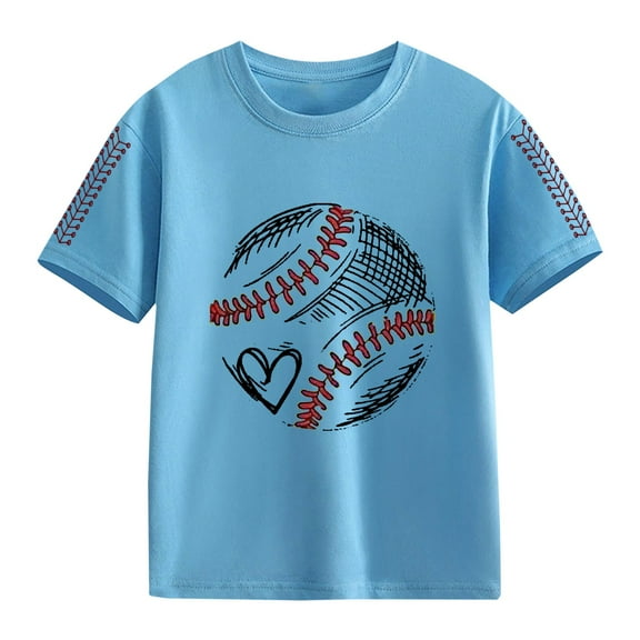 XXWXYD Boys And Girls Vintage Baseball Graphic Tee Distressed Print Cotton Blend Tshirt Boys Girls All-Season Comfortable Retro Style Top (6-7 Years,Light Blue)
