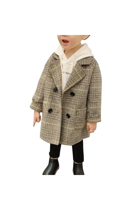 Boys Girls Winter Pe𝖺 Coat Dress Coats Notched Lapel Double 𝖡reasted Plaid Over Long Jackets Kids Wool Blend Vintag𝖾 Formal Classic