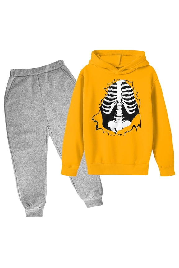 Boys Halloween Bone Outfit Set: Graphic Hoodie Sweatshirt and Pant, Skeleton Pullover for Teen Kids, Fall Paš«šy Suit, SpšØoky Gift Set