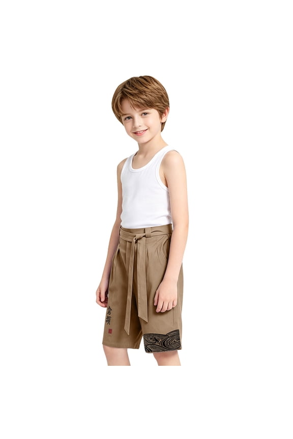 Boys Japanese Kimonš Linen Caprš Kids Traditional Beach Hakama Pants Wide Leg Harem Pants Loose Cropped Trousers Boys Knee Length Shorts