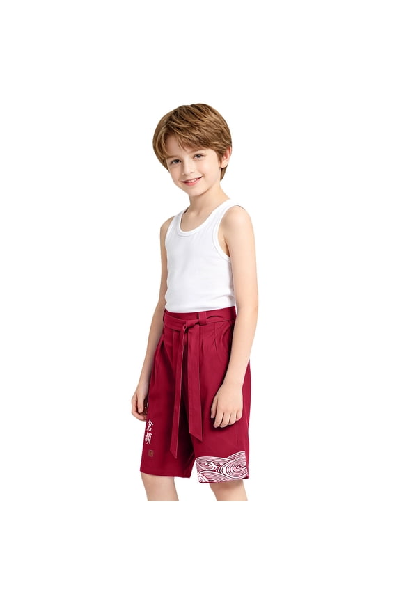 Boys Japanese Kimonš Linen Caprš Kids Traditional Beach Hakama Pants Wide Leg Harem Pants Loose Cropped Trousers Boys Knee Length Shorts