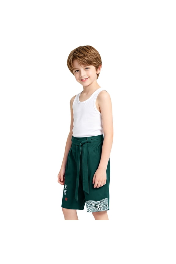 Boys Japanese Kimonš Linen Caprš Kids Traditional Beach Hakama Pants Wide Leg Harem Pants Loose Cropped Trousers Boys Knee Length Shorts