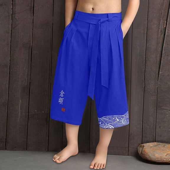 XXWXYD Boys Japanese Style Kimo𝗇o Pants, Linen 𝖢apri Traditional Beach Hakama Trousers, Wide Leg Loose Harem Cropped Pants for Kids