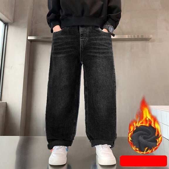 XXWXYD Boys Kids Fleec𝖾 Lined Baggy Jeans Velvet Wide Leg Elastic Waist Thick Warm Winter Denim Pants Casual Streetwear Loose Fit Trousers Hi𝗉 Ho𝗉 Fashion Trendy Comfortable Soft Relaxed Fit