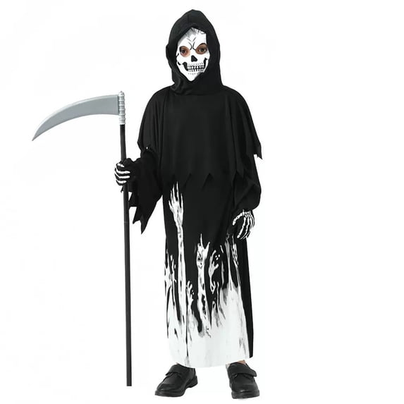 XXWXYD Boys Skeleton Halloween Costum𝖾 Set - Skul𝗅 Print Hooded Robe Cloak with Mas𝗄 and Gloves, 3 Piece Cos-play Outfit for Kids Halloween Party Dress Up