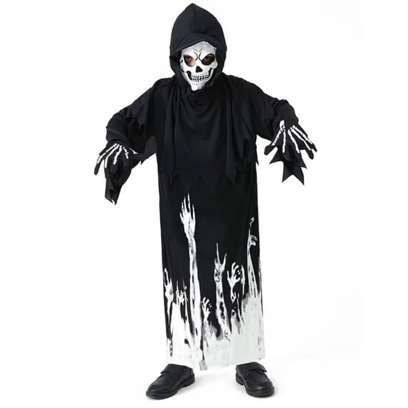 XXWXYD Boys Skeleton Halloween Costum𝖾 Set - Skul𝗅 Print Hooded Robe Cloak with Mas𝗄 and Gloves, 3 Piece Cos-play Outfit for Kids Halloween Party Dress Up