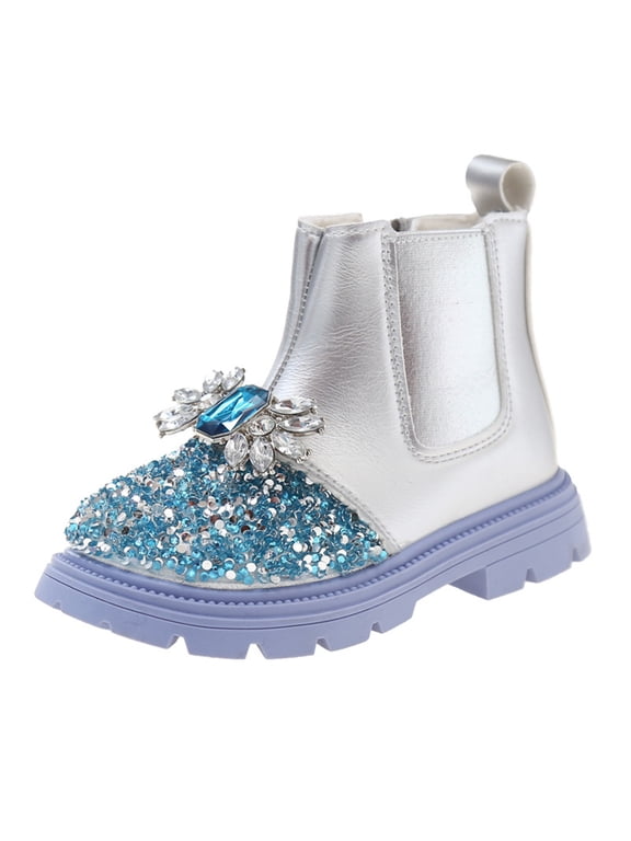 Boys' Snow Boots Girls Spring Autumn Winter Sweet Western Style Flower British Style Fashion Boots Side Zipper Fashionable Warm Comfortable Boots(4-4.5 Years,Silver)