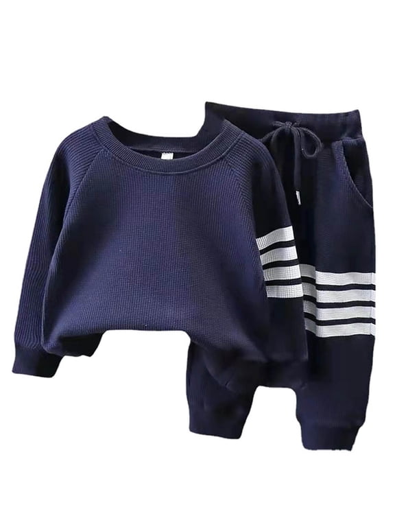 Boys Sweatsuit Set Long Sleeve Waffle Knit Top Striped Drawst𝗋ing Pants Kids Outdoor Activities Athleti𝖼 Casual Comfort Play Adventure Daily Wear