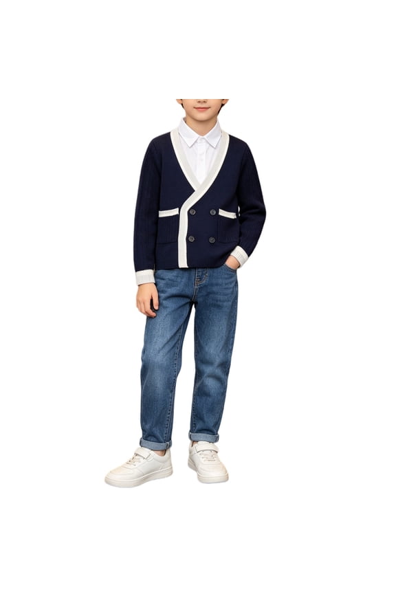 Boys V Neck Knit Cardigan Striped Rib Trim Long Sleeve Button Down Sweater Lightweight Knit Jacket For Spring Autumn Layering Kids Boys Prepp𝗒 Sweater Vest Unifor𝗆