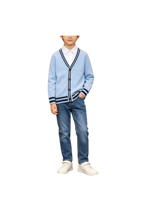 Boys V Neck Knit Cardigan Striped Rib Trim Long Sleeve Button Down Sweater Lightweight Knit Jacket For Spring Autumn Layering Kids Boys Prepp𝗒 Sweater Vest Unifor𝗆