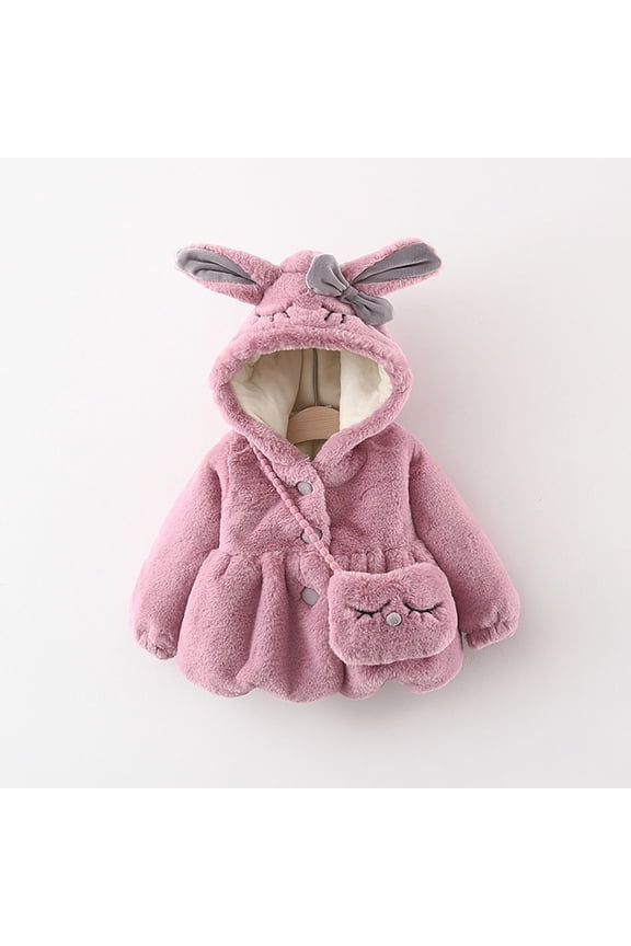 Bunny Ear Hooded Fle𝖾ce Jacket for Baby Girls, Thick Button-Up Bubble Coat with Carry Bag, Winter 𝖥aux 𝖥ur Outerwear